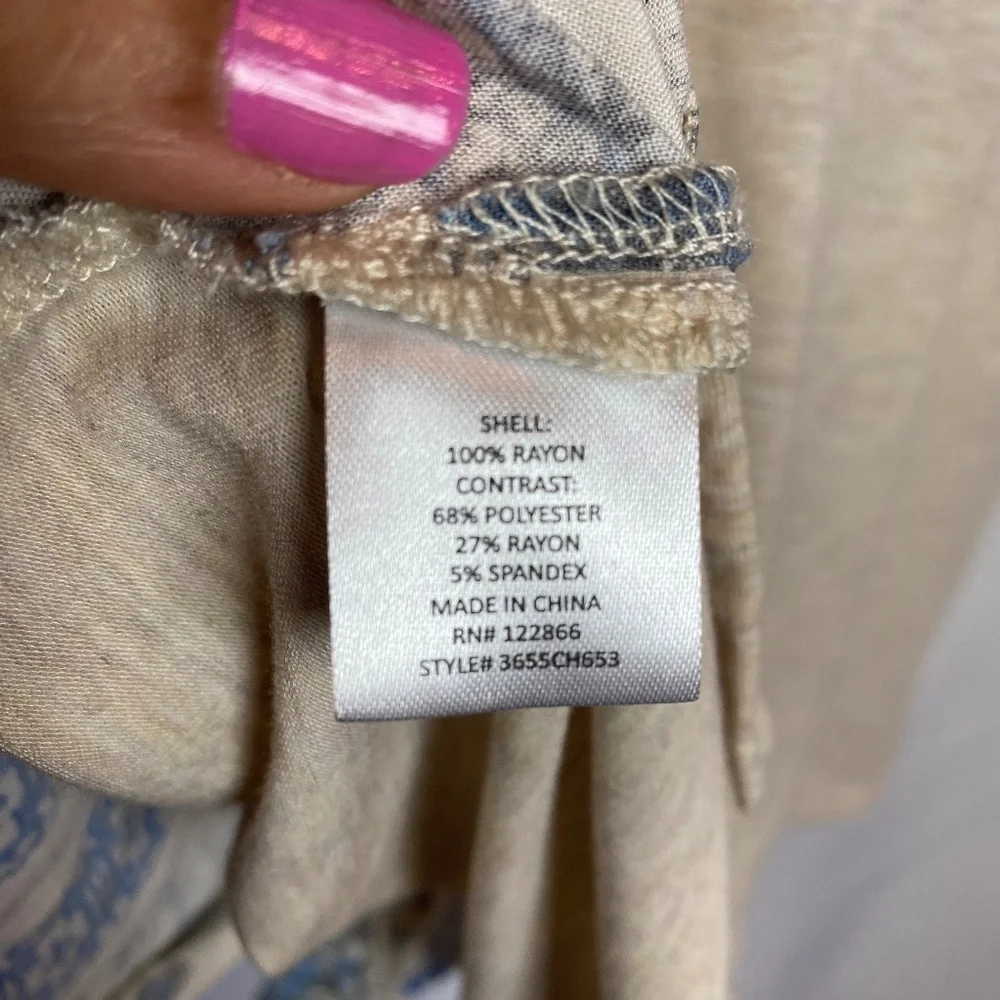 Chenault Womenʻs Cream | Blue Split Neck Button Down Short Sleeve Blouse Large